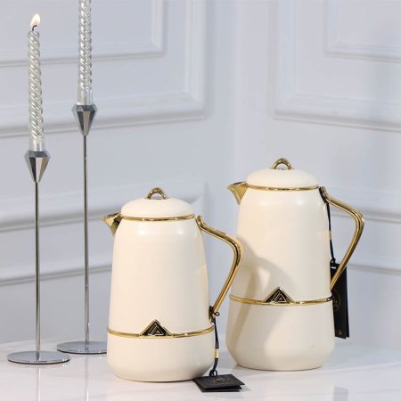 طقم /2 تيرموس قهوة + شاي بلاستك 1لتر بيج حز ذهبي يد ذهبي LA001-Beige لالوزا ++ع5