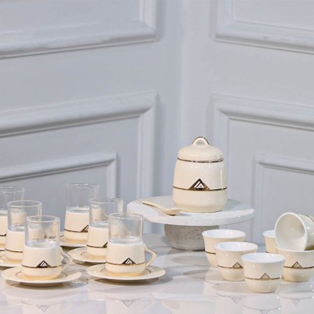 طقم /20 بورسلان بيج 6 فناجين قهوة سادة + 6/6 كاسة شاي + سكريه ومعلقه JY02-Beige لالوزا ++ع5