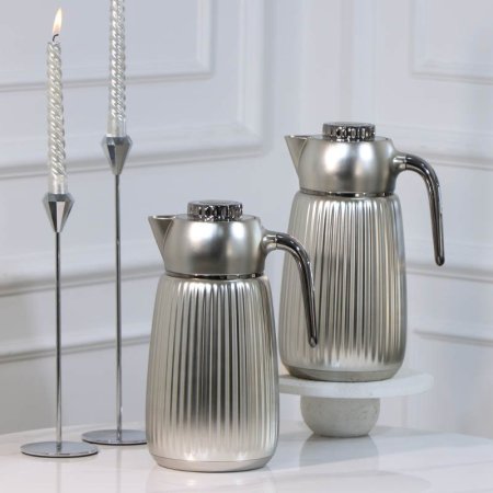 طقم /2 تيرموس قهوة + شاي بلاستك 1لتر فضي محزز يد فضي JD004 لالوزا ++ع5