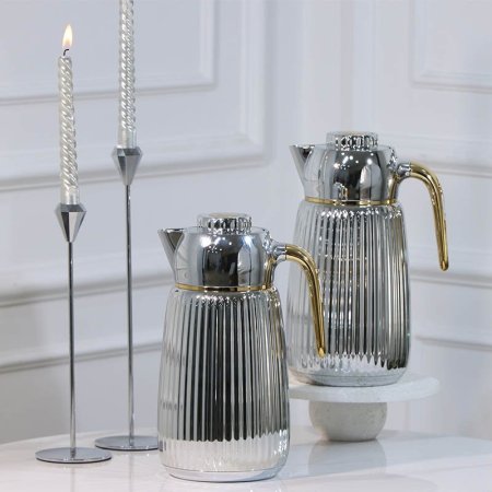 طقم /2 تيرموس قهوة + شاي بلاستك 1لتر فضي محزز يد ذهبي LA010ST-R1 لالوزا ++ع5