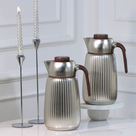 طقم /2 تيرموس قهوة + شاي بلاستك 1لتر فضي محزز يد خشبي JD005 لالوزا ++ع5