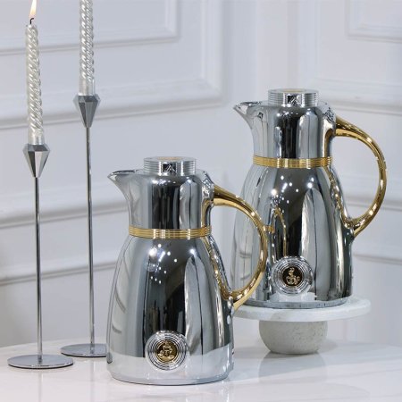 طقم /2 تيرموس قهوة + شاي بلاستك 1لتر فضي لميع يد ذهبي محزز LA012ST-R3 لالوزا ++ع5