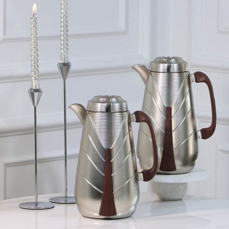 طقم /2 تيرموس قهوة + شاي بلاستك 1لتر فضي نخله يد خشبي 450406 لالوزا ++ع5