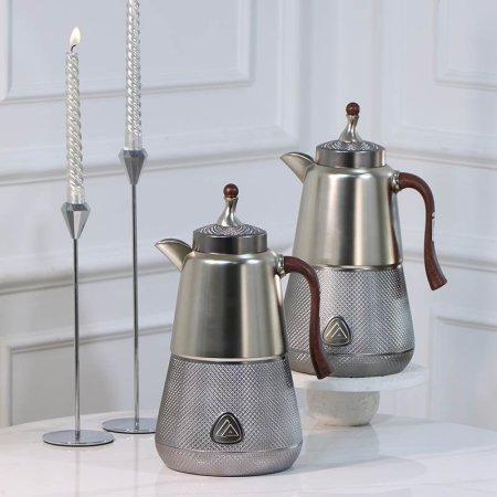 طقم /2 تيرموس قهوة + شاي بلاستك 1لتر فضي نصف بقلاوة سكني يد خشبي 450445 لالوزا ++ع5