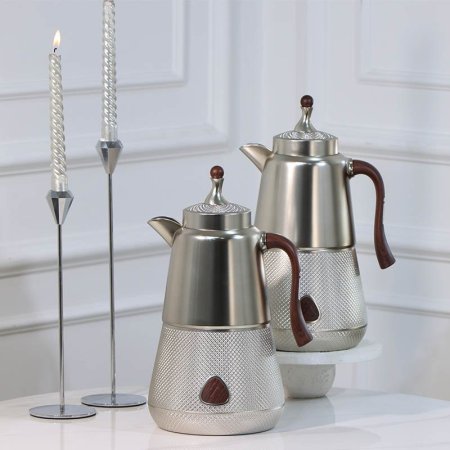 طقم /2 تيرموس قهوة + شاي بلاستك 1لتر فضي نصف بقلاوة يد خشبي 450444 لالوزا ++ع5