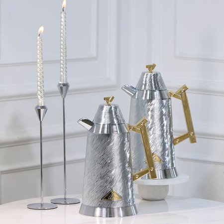 طقم /2 تيرموس قهوة + شاي بلاستك 1لتر فضي موشح يد ذهبي  450452 لالوزا ++ع5