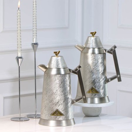 طقم /2 تيرموس قهوة + شاي بلاستك 1لتر فضي موشح يد فضي  450457 لالوزا ++ع5