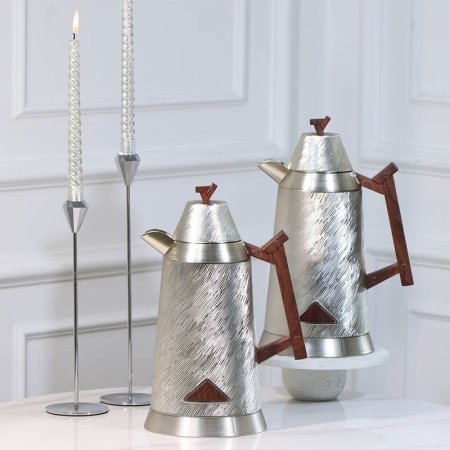 طقم /2 تيرموس قهوة + شاي بلاستك 1لتر فضي موشح يد خشبي 450458 لالوزا ++ع5