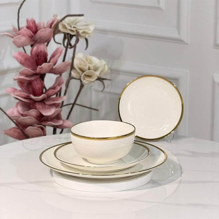 طقم صحون 24 قطعة بورسلان ابيض اطار ذهبي عريض JMD0565 ++ع6