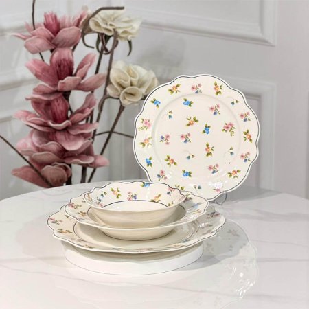 طقم صحون 24 قطعة بورسلان ابيض اطار مورد مشرف ملون JMD0563 ++ع6