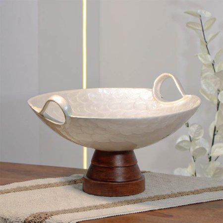 جاط فواكه تنك ابيض بيدين 32سم مدور 89333  قاعده خشب بني W هندي %ه14