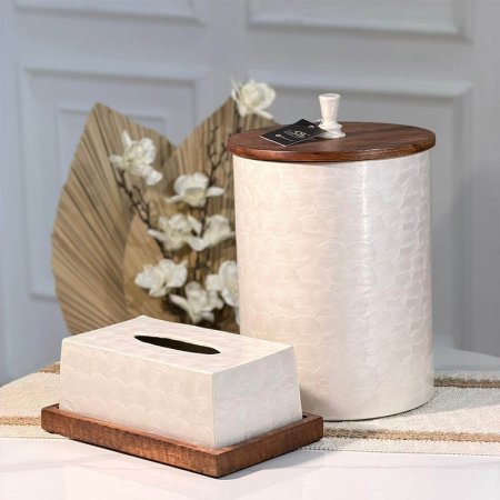 طقم سلة+بكيت محارم مصدف ابيضW غطا خشب 89891DT هندي %ه15