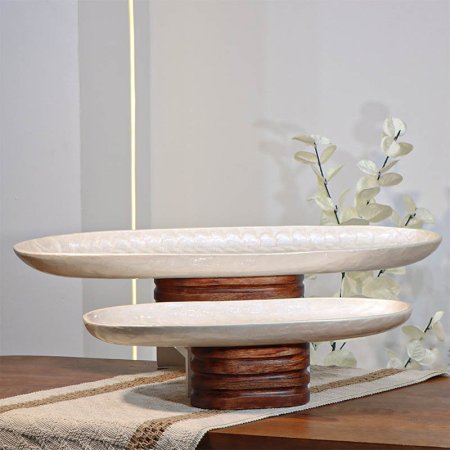 طقم /2 جاط فواكه تنك ابيض 57+47سم بيضاوي 89946LS قاعده خشب بني W هندي %ه14