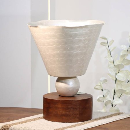 فازة تنك ابيض 39سم شكل سهارة 89635L  قاعده خشب بني W هندي %ه14