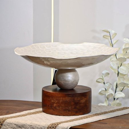 جاط فواكه تنك ابيض  42سم مدور 89634L  قاعده خشب بني خصر طابه W هندي %ه14