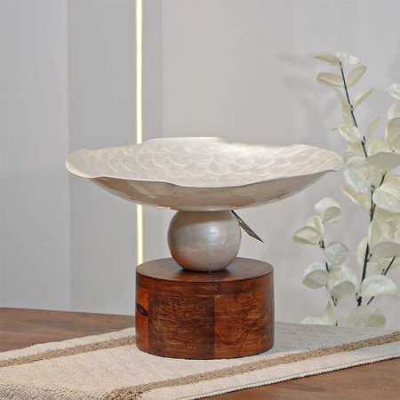 جاط فواكه تنك ابيض 31سم مدور 89634S  قاعده خشب بني خصر طابه W هندي %ه14