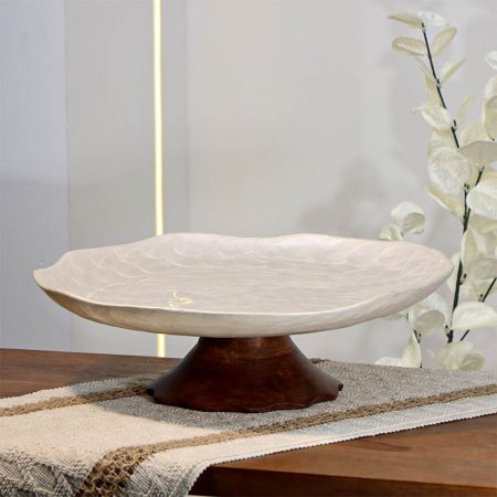 جاط فواكه تنك ابيض 36سم مدور حيف هابط 89647  قاعده خشب بني W هندي %ه14