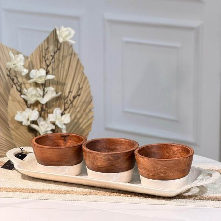 طقم /4 صينية مستطيل مصدف ابيض +3 مضايف مدور خشب  89579 قاعدة W هندي %ه15