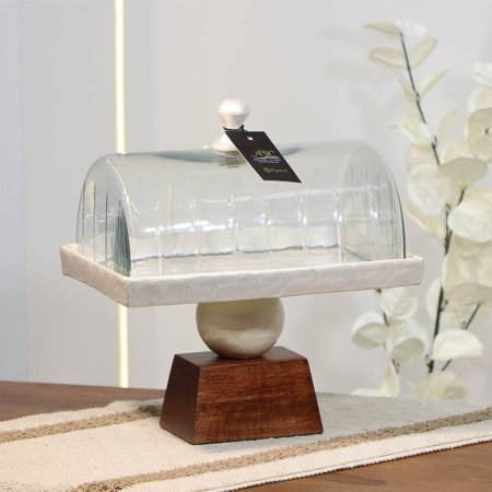 مضيفه تنك ابيض 17*25سم مستطيل  89596W قاعده خشب بني غطا زجاج W هندي %ه14