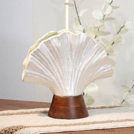 فازة تنك ابيض 24سم ورقه محار محزز 89948S قاعدة خشب بني W هندي %ه14