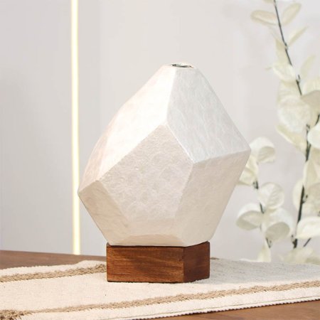 فازة تنك ابيض 24سم متعدد الاوجه 89949L قاعدة خشب بني W هندي %ه14