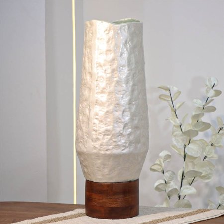 فازة تنك ابيض 48سم مزهريه اسطوانة  89950L قاعدة خشب بنيW هندي %ه14