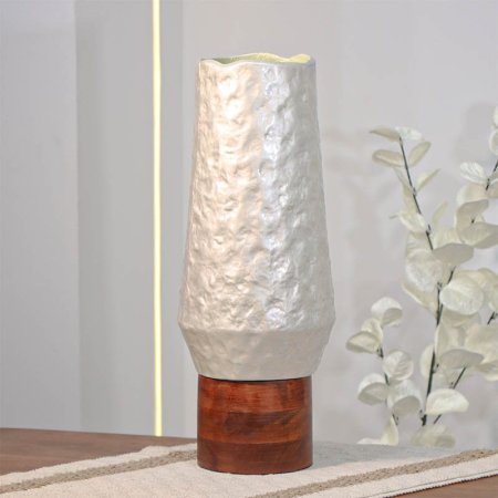 فازة تنك ابيض 39سم مزهريه اسطوانة  89950S قاعدة خشب بنيW هندي %ه14