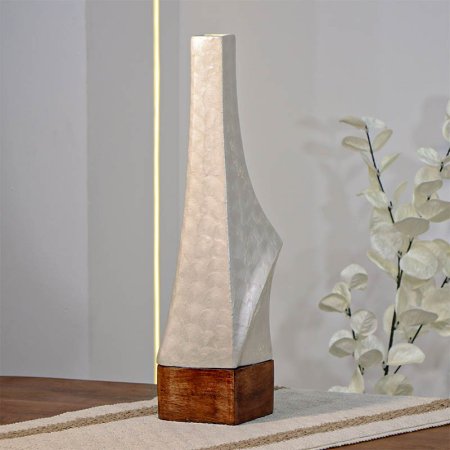 فازة تنك ابيض 42سم طويل 89953S قاعدة خشب بني W هندي %ه14