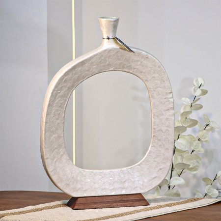 فازة تنك ابيض 50سم حلقه بعنق 89954M قاعده خشب بني W هندي %ه14