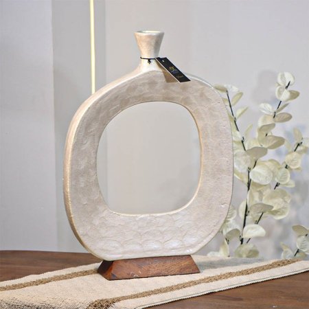 فازة تنك ابيض 34سم حلقه بعنق 89954S قاعده خشب بني W هندي %ه14