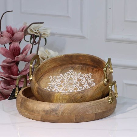 طقم صواني /2 خشب مدور 30+35 سم  89721MS وجه محفر مزخرف ابيض يد نحاس هندي %ه15