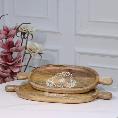 طقم صواني /2 خشب بيضاوي  50+46 سم  89713LS وجه محفر مزخرف ابيض  هندي %ه15