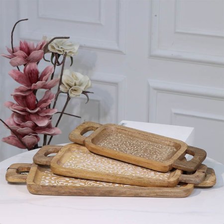 طقم صواني /3 خشب مستطيل  89712LMS وجه محفر مزخرف  هندي %ه15