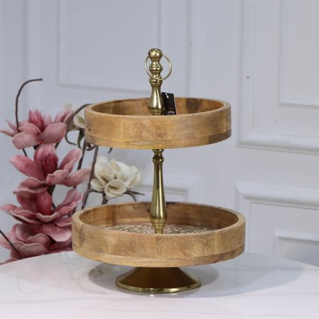 مضيفة 2طبقة خشب مدور 89715 وجه محفر مزخرف مسكة نحاس هندي %ه15