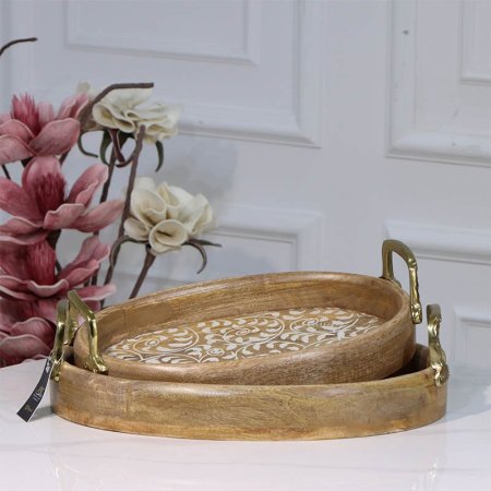 طقم صواني /2 خشب بيضاوي  89722LS  وجه محفر مزخرف ابيض يدين نحاس هندي %ه15