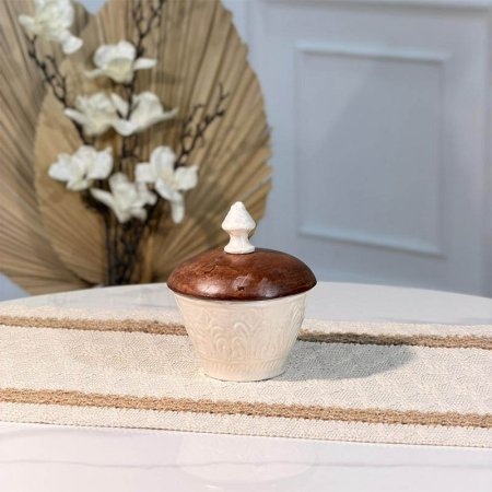 سكرية مدور 10 سم مصدف ابيض W غطا خشب 89994  هندي %ه15