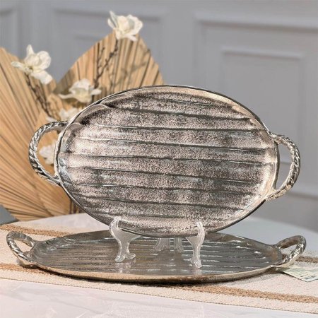 طقم صواني /2 بيضاوي نحاس فضي محزز 89956LS  يدين مجدول هندي %ه15