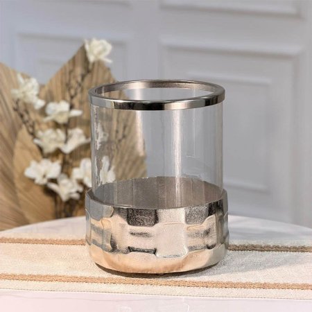 سلة مهملات زجاج مدور 26 سم قاعدة وحيف نحاس فضي 89629D هندي %ه15