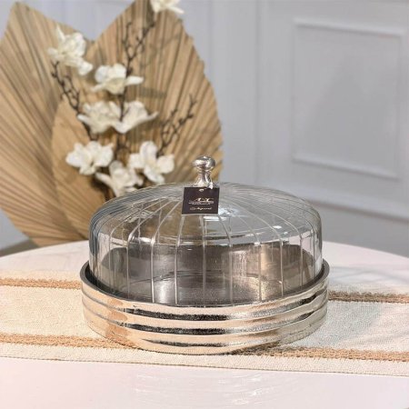 مضيفة مدور 27 سم نحاس فضي غطا قبة زجاج محزز 89958 هندي %ه15