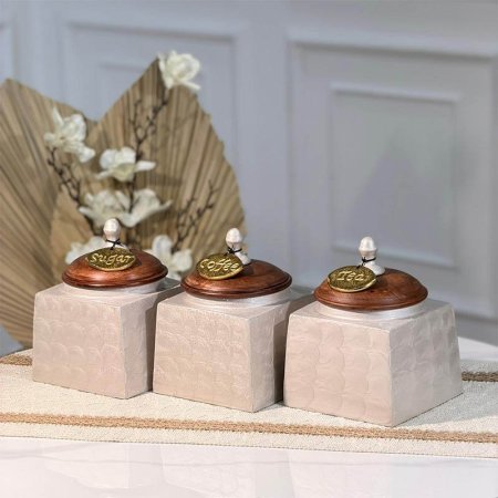 طقم بهارات/3 مربع 12سم مصدف  ابيض W غطا خشب 90217 تعليقة نحاس هندي %ه15