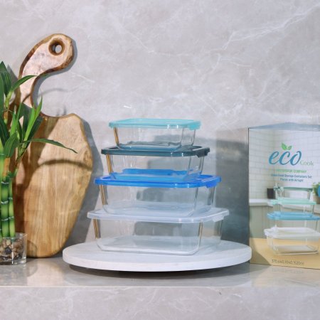 طقم/4 بايركس مستطيل(370/640/1040/1520مل) زجاج حراري غطا بلاستك P5510 ++ت