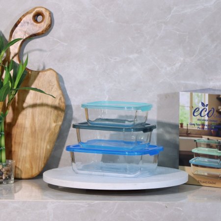 طقم/3 بايركس مستطيل(370/640/1040مل) زجاج حراري غطا بلاستك P5509 ++ت