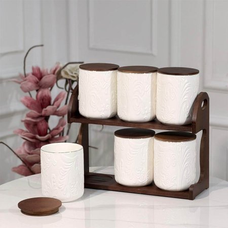 طقم بهارات/6 2طبقة ستاند وغطا خشب بورسلان ابيض مزخرف ورق حيف ذهبي JMD0574 ++ع6