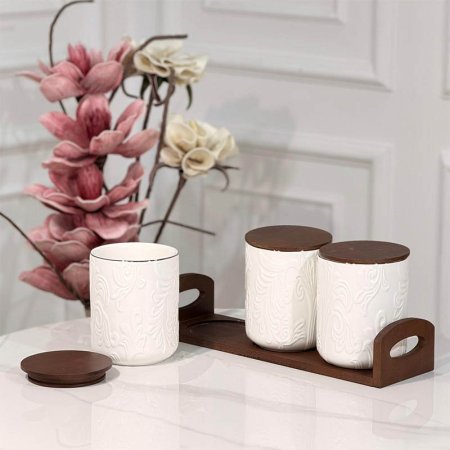 طقم بهارات/3 بورسلان ابيض مزخرف ورق حيف ذهبي+ صينية وغطا خشب JMD0573 ++ع6