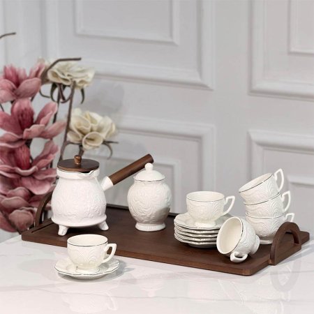 طقم/15بكرج قهوة +سكرية+6/6 فناجين قهوة بورسلان ابيض مزخرف ورق حيف ذهبي+صينية خشب JMD0576 ++ع6