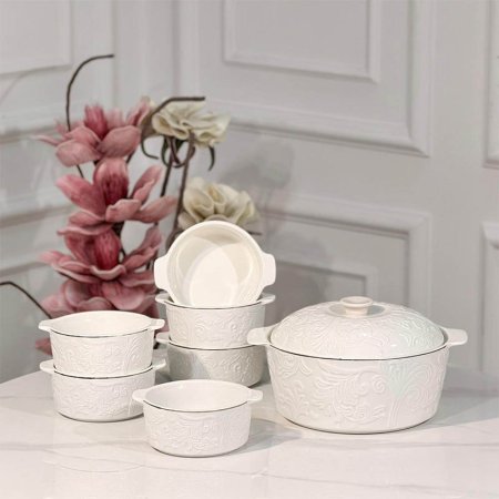 طقم شوربة طنجرة+6زبادي بورسلان ابيض مزخرف ورق حيف ذهبي JMD0568 ++ع6