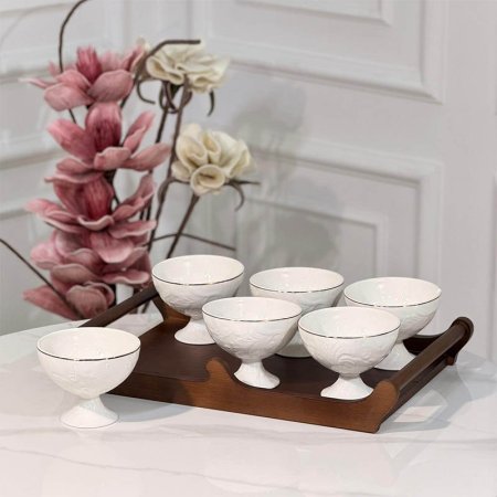 طقم/7 6صحون بوظة برجل بورسلان ابيض مزخرف ورق+صينية خشب JMD0567 ++ع6