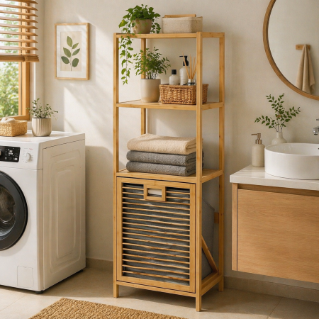 ستاند خشب 2 طبقة مع سلة غسيل خشب بامبو وجه قماش سكني SM221/4 =ط10