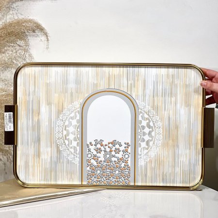 صينية مستطيل تنك ذهبي 54*32سم 4953Y-21.35-1880-2G وجه زجاج بيج موشح بيدين ++BP