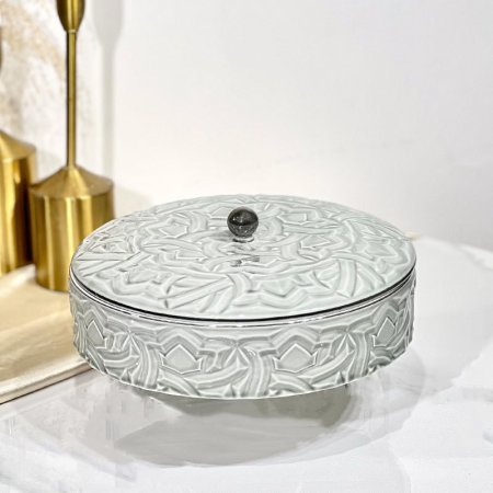 مضيفة مدور 23سم بورسلان تركواز مزخرف 3920H-9-S109-1967S حيف ومسكة فضي ++BP